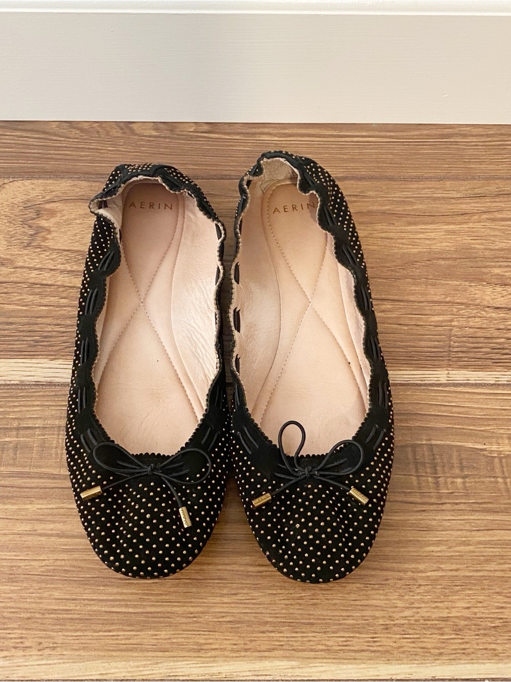 Aerin Black Suede Ballet Flats with Gold Studs
